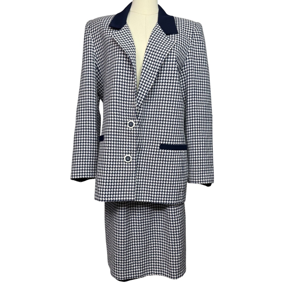 Chelsea Ltd Vintage Houndstooth Skirt Suit Navy Blue White Size 12 Made in USA